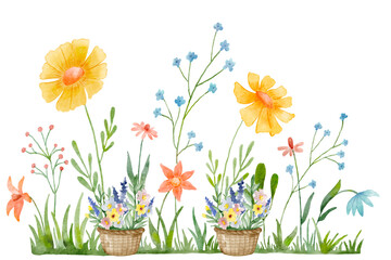 Watercolor Flower Garden Clipart Wildflowers & Basket Bouquets