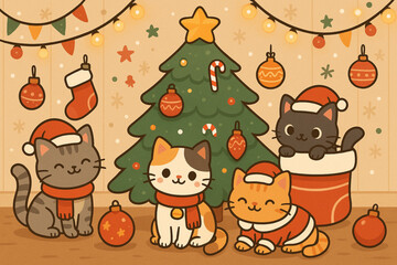 Cute Cartoon Cats in Christmas Outfits with Festive Decorations Vector