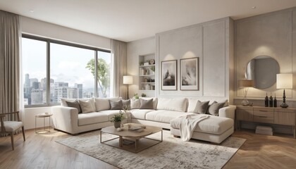 Modern living room with large sectional sofa, floor-to-ceiling window offering city views. Neutral palette, contemporary furniture, tasteful decor create serene, stylish atmosphere. Includes coffee