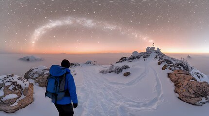 Majestic Mountaintop Trek Under a Cosmic Canvas