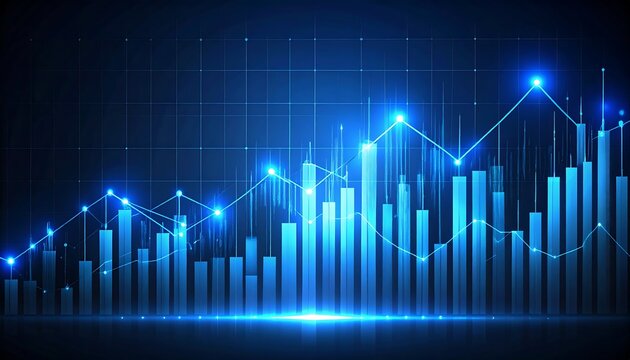 Futuristic blue glowing digital stock market graph with rising bars and data lines on a dark background