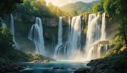 Fototapeta premium Majestic waterfall cascades down rocky cliff into turquoise water. Green forest surrounds scenic view. Bright sunlight filters through trees creating peaceful, tranquil atmosphere. Natural wilderness
