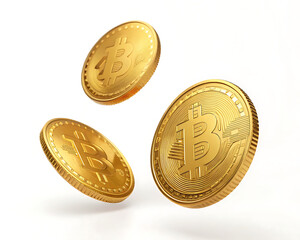 Three golden bitcoin coins floating on a white background representing digital currency and investment