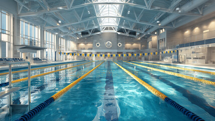 Fototapeta premium 曇天の光が映る無人の屋内プール風景