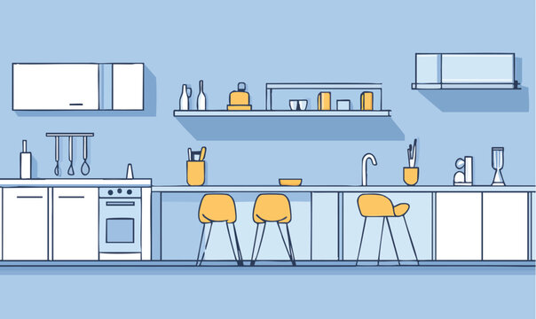 Modern kitchen interior design with stylish yellow stools and blue walls for a clean and vibrant feel