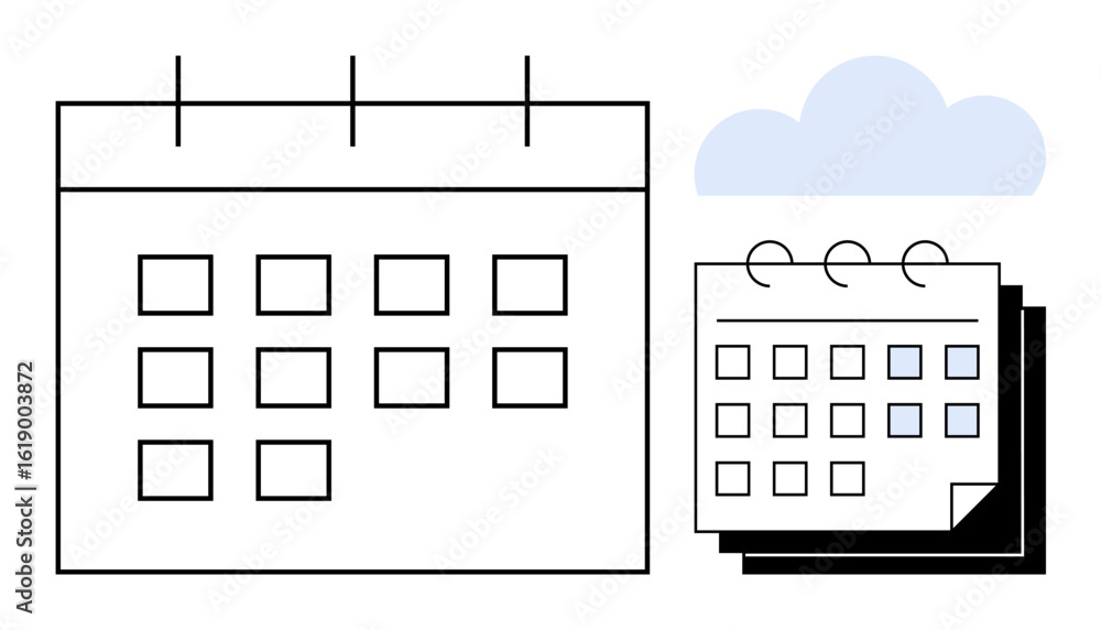 Poster large calendar grid next to a smaller spiral-bound calendar with cloud above. ideal for scheduling, 
