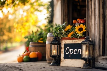 Quaint small business entrance with open sign, sunflowers, and pumpkins welcoming customers in warm autumn setting