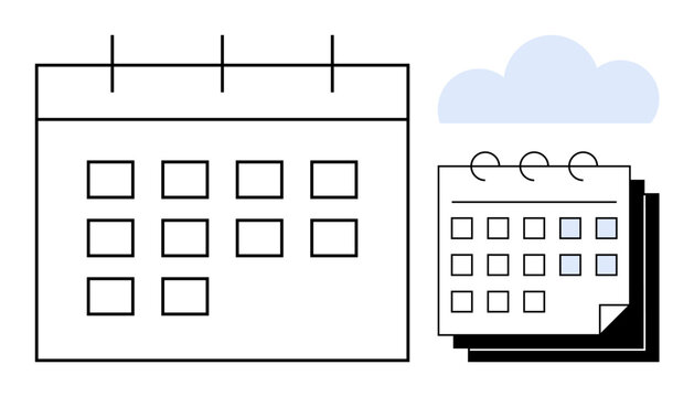 Large calendar grid next to a smaller spiral-bound calendar with cloud above. Ideal for scheduling, time management, appointments, organization, productivity, event planning, simple flat metaphor