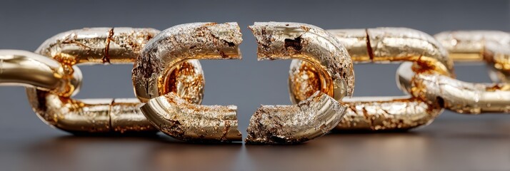 Broken gold chain link symbolizing broken connections and fragility in relationships and materials