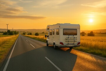 Beige motor home driving along an empty scenic country road at sunset, wide 8K landscape image for travel, camping and vanlife concepts