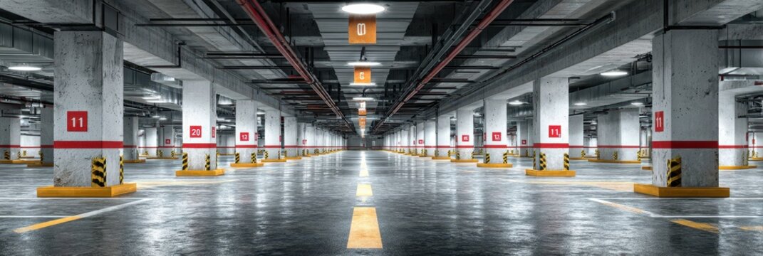 Large underground parking garage with painted directional lines and parking spot numbers during daytime