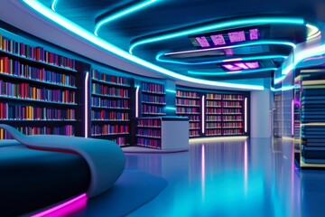  Futuristic digital library with vibrant neon lights and sleek modern design for innovation and technology concepts