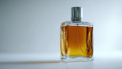 Amber perfume bottle, studio shot, white background, fragrance advertising