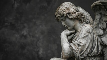  Elegant stone angel statue with wings exuding melancholy against dark textured background, symbolizing sorrow