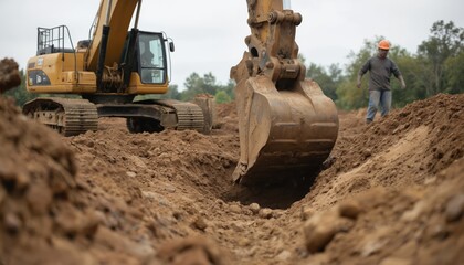 Fototapeta premium Excavator operator digs trench for utility lines at construction site. Heavy machinery in action, dirt moving with precision. Focused worker ensures skilled excavation for infrastructure projects,