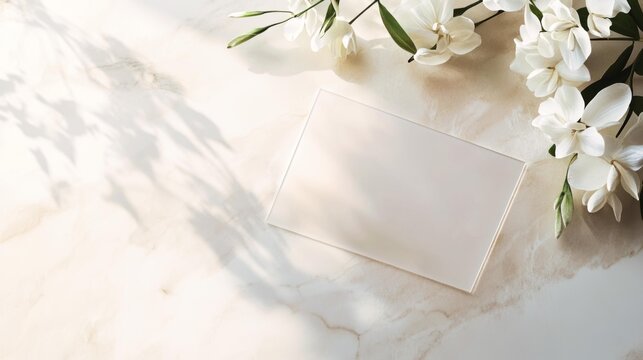  Elegant floral mockup with white flowers and blank card on marble surface, perfect for branding or invitations