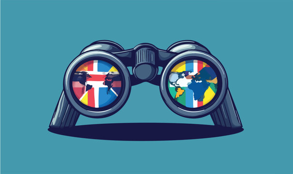 Explore global business opportunities with vibrant binoculars depicting international markets and growth potential
