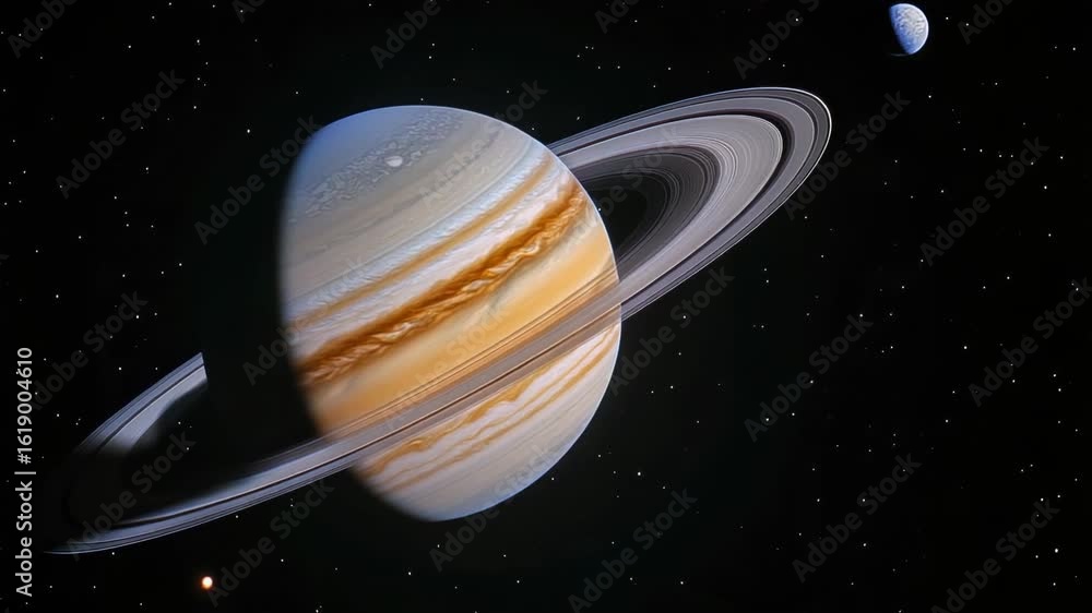 Poster a planet with a ring structure surrounding its equator, accompanied by a moon in the distant backgro
