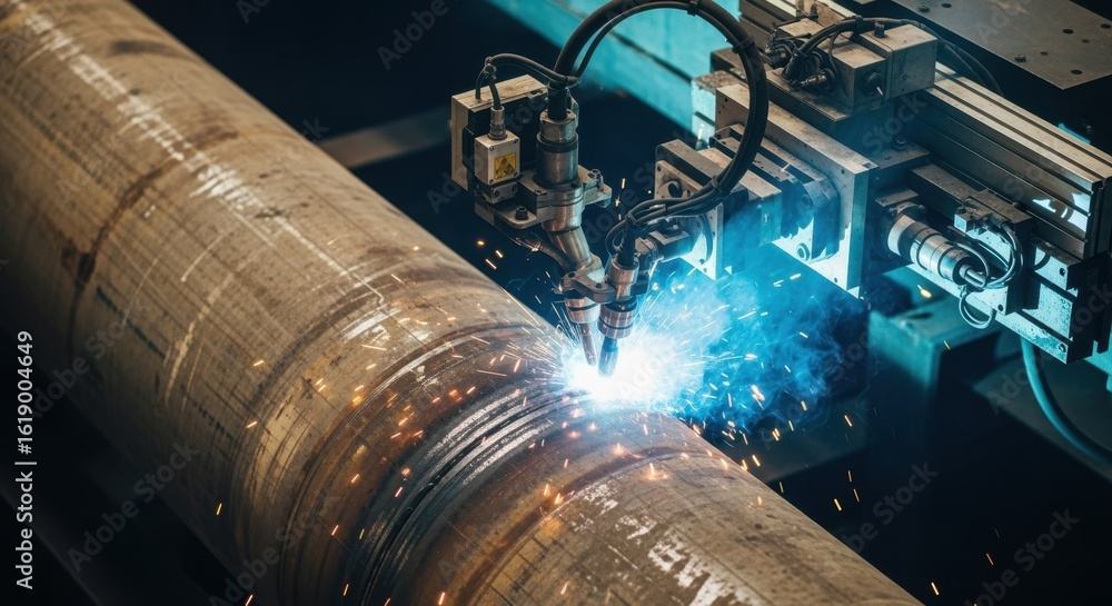 Poster highangle view of automatic welding machine working on long pipeline weld seam.