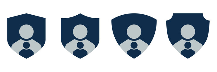 Family Protection Icons Set. Dark Blue Shield Symbols with Parent and Child Silhouettes Representing Safety, Family Security, Parental Support, Insurance, and Care. Flat Design Elements