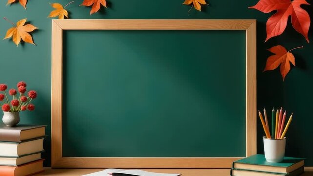 A wooden framed blackboard sits next to books and a vase of flowers on a desk, ideal for educational or decorative purposes