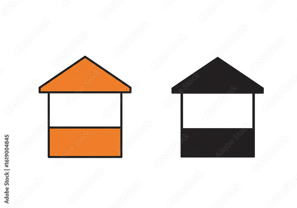 Poster two simple structures one orange and one black standing side by side on white background