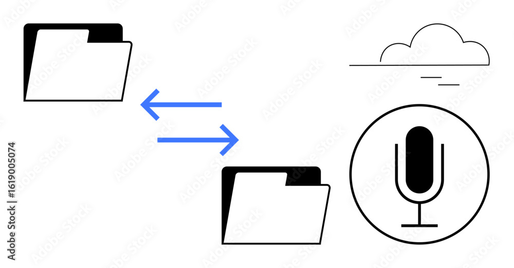 Poster two folders connected by arrows, microphone suggesting voice commands, and cloud icon. ideal for tec
