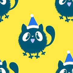 Cartoon funny cats seamless Christmas pattern for wrapping paper and kids clothes print and festive packaging