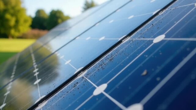 A detailed view of a solar panel in sunlight, suitable for use in educational or informative content