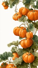Vibrant orange pumpkins growing on vines in a lush garden during the late autumn harvest season