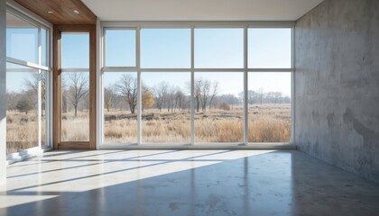 Modern interior with large windows dry grassy field, bare trees. Sunlight casts shadows on concrete floor. Features clean lines, minimalist design, aluminum window profiles with multiple panes.