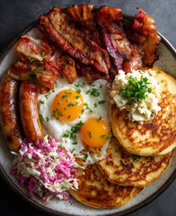 Hearty breakfast plate featuring sunny-side-up eggs, crispy bacon, sausages, pancakes, creamy coleslaw, and fresh parsley garnish for a savory start.