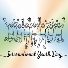 International Youth day 12th August. Young people jumping continuous line drawing. International youth day concept. Vector illustration minimalist design hand drawn.