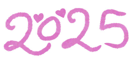 Pink 2025 Numbers with Hearts, Watercolor Texture for New Year Celebration, Festive Design on transparent background