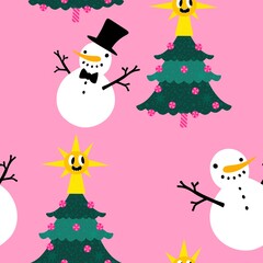 Christmas cartoon ice seamless snowman pattern for wrapping paper and fabrics