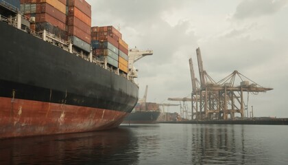 Fototapeta premium Large cargo ship docked at industrial port with stacked containers. Idle cranes visible against cloudy sky. Represents logistics, industry tension, and port operations.