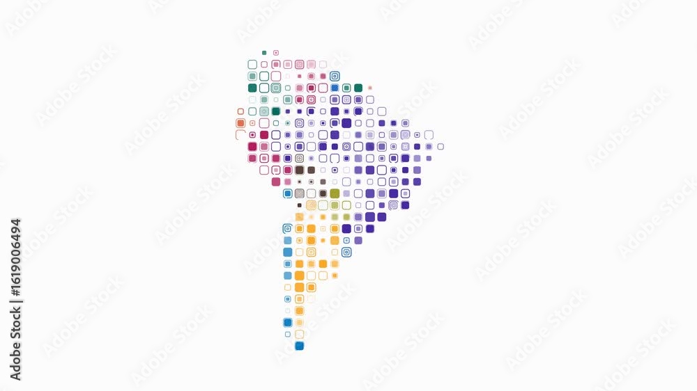 Poster south america dotted animation. shape of the continent build of pulsating colored dots. large size r