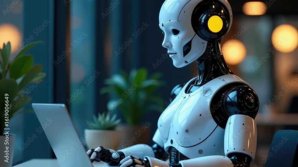 Poster a robot sits at a table with a laptop, working on something