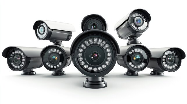 A comprehensive collection of advanced security cameras with bright infrared lights and sharp lenses stands guard, providing vigilant digital surveillance for protecting any valuable location.