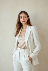 Model posing in white tailored blazer and silk blouse with modern elegant style Generative AI