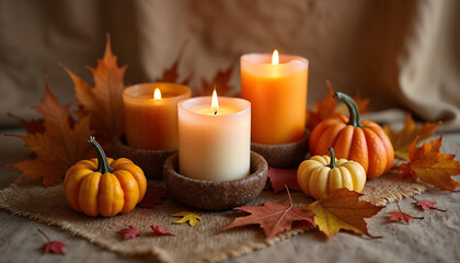 Autumn themed collection of large candles with pumpkins and leaves  
