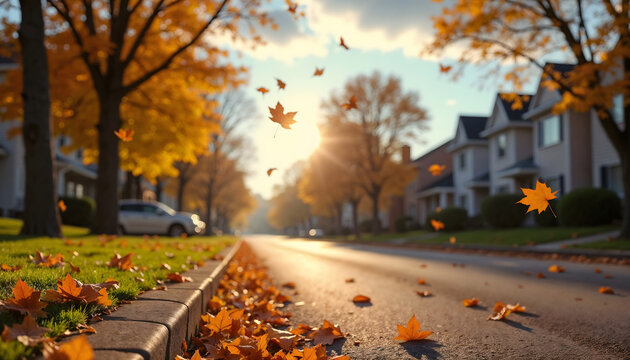 Dry yellow and brown leaves swirling through the air on deserted neighborhood street in morning light  