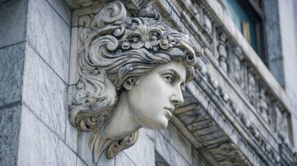 Carved female head, ornate detail, building facade