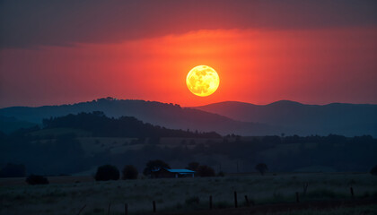 Large glowing harvest moon rising above serene rural landscape at twilight  