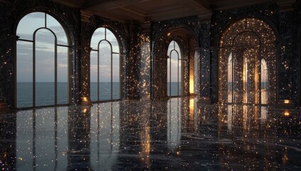 Ocean-view ballroom, magical sunset, coastal palace, event space