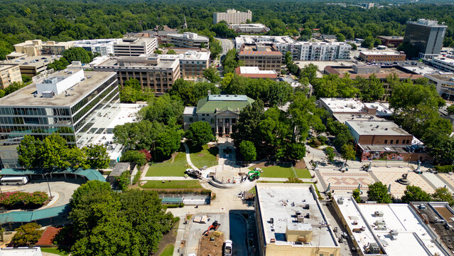 Aerial view flying towards Decatur square in Decatur Georgia on a beautiful sunny day 