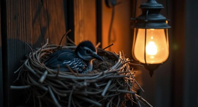Majestic 4K Ultra HD video capturing Clark&rsquo;s Nutcracker with baby resting in nest surrounded by lush natural habitat with professional clarity.

