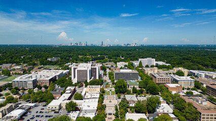 Aerial view of downtown Decatur with Atlanta in background