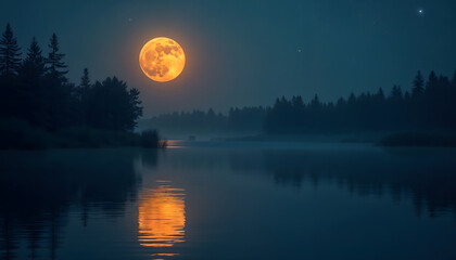 Golden harvest moon casting reflections on a calm lake at night  