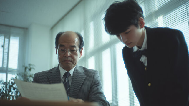 男子学生が教室で先生に答案を提出し深く謝罪する